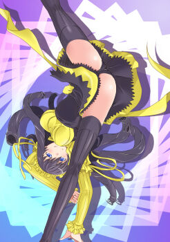 1girl apron ass black_apron black_hair black_panties black_thighhighs blue_eyes breasts capoeira closed_mouth commentary_request dress drill_hair feet_out_of_frame frilled_hairband frills hair_between_eyes hairband high_kick highres kicking kumokawa_maria kurogane_(blackxsilver) large_breasts light_blush long_hair long_legs long_sleeves looking_at_viewer maid maid_apron maid_headdress panties pantyshot ringlets shadow smile solo thighhighs thighs toaru_majutsu_no_index toaru_majutsu_no_index:_new_testament underwear very_long_hair yellow_dress yellow_footwear yellow_hairband zettai_ryouiki