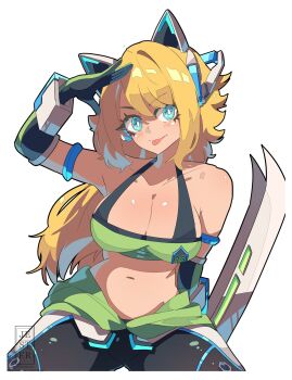 1girl :p animal_ear_headphones animal_ears aqua_eyes bare_shoulders black_gloves blonde_hair blue_eyes blush breasts cat_ear_headphones cat_ears cleavage collarbone cowboy_shot elbow_gloves fake_animal_ears gloves headgear headphones highres jesternalagon large_breasts long_hair looking_at_viewer messy_hair midriff multicolored_hair navel original pants solo sports_bra tongue tongue_out upper_body white_background