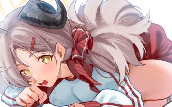 1girl all_fours blue_archive blush breasts commentary_request grey_hair hair_ornament hair_scrunchie halo highres horns izumi_(blue_archive) izumi_(track)_(blue_archive) jacket large_breasts long_hair official_alternate_costume open_mouth pan8 ponytail red_jacket red_scrunchie scrunchie shirt solo teeth upper_teeth_only white_shirt white_sleeves yellow_eyes yellow_halo