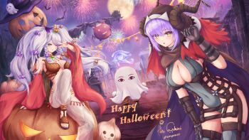 1boy 2girls aerial_fireworks bikini braid breasts brown_bikini brown_coif brown_sandals candy cleavage cleavage_cutout closed_mouth clothing_cutout coif commentary_request covered_navel detached_sleeves deviruchi egyptian_mythology feet_out_of_frame fence fireworks food full_moon garlic garling_(ragnarok_online) gloves grey_gloves grey_hair grey_leotard grey_thighhighs gypsy_(ragnarok_online) halloween happy_halloween harem_pants highres house in-universe_location jack-o&#039;-lantern large_breasts leaning_forward leotard long_hair looking_at_viewer medium_breasts medjed_(mythology) moon multiple_girls nekogenetic night one_eye_closed open_mouth outdoors pants pumpkin purple_hair purple_sky ragnarok_online red_sleeves sandals see-through_clothes see-through_pants shadow_cross_(ragnarok_online) short_hair sideless_leotard sky smile summoner_(ragnarok_online) swimsuit thighhighs tombstone twin_braids twintails v white_pants wrapped_candy yellow_eyes yellow_moon