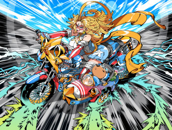 1girl akira_(manga) blonde_hair blue_eyes breasts capybara cleavage cleavage_cutout clothing_cutout covered_navel earrings elbow_gloves fingerless_gloves gloves jewelry kafun kamen_america kamen_america_(comic) large_breasts long_hair looking_at_viewer motor_vehicle motorcycle open_mouth reference ribbon star_(symbol) star_earrings superhero_costume teeth upper_teeth_only yellow_ribbon