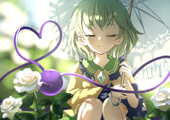 Rule 34 | 1girl, blurry, blurry background, buttons, closed eyes, closed mouth, commentary, diamond button, dise (psychoro), facing viewer, flower, frilled shirt collar, frilled sleeves, frills, green hair, heart, heart of string, highres, holding, holding umbrella, komeiji koishi, long sleeves, no headwear, rose, shirt, smile, solo, squatting, symbol-only commentary, third eye, touhou, umbrella, water drop, white flower, white rose, white umbrella, yellow shirt