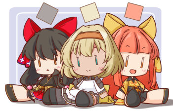 3girls apron armor black_footwear black_hair black_shirt black_skirt blonde_hair bow brown_headband chatan_nakiri_(tenka_hyakken) chiganemaru_(tenka_hyakken) chiyoganemaru_(tenka_hyakken) closed_mouth commentary_request dark-skinned_female dark_skin frilled_apron frills green_eyes hair_ornament hair_scrunchie headband highres japanese_armor kappougi lazurite long_hair long_sleeves multiple_girls open_mouth orange_eyes orange_hair red_ribbon red_skirt ribbon scrunchie shirt short_hair shoulder_armor sitting skirt smile sode stuffed_toy tenka_hyakken yellow_bow yellow_eyes yellow_shirt