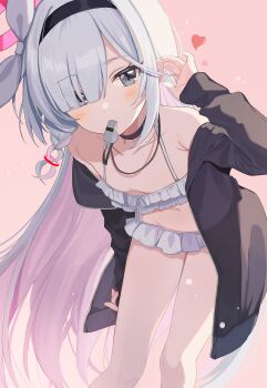 1girl absurdres bikini black_choker black_coat black_eyes black_hairband black_jacket blue_archive blush braid breasts choker coat collarbone colored_inner_hair frilled_bikini frills hair_over_one_eye hairband halo heart highres jacket leaning_forward long_hair long_sleeves looking_at_viewer mouth_hold multicolored_hair navel open_clothes open_jacket pink_hair pink_pupils plana_(blue_archive) red_pupils shirokuma_(zeroillya) single_braid small_breasts solo swimsuit two-tone_hair very_long_hair whistle white_bikini white_hair