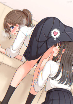 2girls @_@ absurdres artist_name bent_over betock black_skirt black_socks blush breath brown_hair commentary_request couch dutch_angle finger_to_mouth from_behind green_eyes head_under_skirt heart highres index_finger_raised long_hair looking_back medium_hair multiple_girls nervous_sweating open_mouth original pleated_skirt ponytail purple_eyes school_uniform shirt_tucked_in sidelocks skirt socks spoken_heart sweat under_another&#039;s_clothes under_skirt wavy_mouth yuri