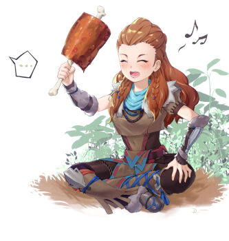 1girl absurdres aloy_(horizon) bone boned_meat boots braid crossed_legs food freckles fur-trimmed_boots fur_trim gauntlets genshin_impact hair_ornament highres holding holding_food horizon_(video_game) jewelry linreplica long_hair meat musical_note necklace orange_hair sitting smile solo spoken_musical_note