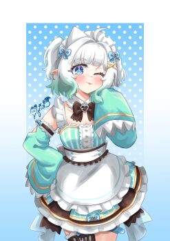 1girl :p absurdres blue_eyes commentary_request dress fang ghost_girl gradient_hair green_dress green_hair green_sleeves hair_ornament highres indie_virtual_youtuber looking_at_viewer lyriasshin maid maid_headdress mint_fantome mint_fantome_(minto_2.0) multicolored_hair one_eye_closed pointy_ears polka_dot polka_dot_background sleeves_past_fingers sleeves_past_wrists solo tongue tongue_out triangular_headpiece virtual_youtuber white_hair x_hair_ornament