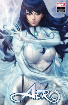 Rule 34 | 1girl, absurdres, aero (marvel), aerokinesis, blue eyes, blue hair, blue jacket, bodysuit, character name, comic cover, copyright logo, copyright name, cover, cover page, cowboy shot, english text, gloves, gluteal fold, highres, jacket, logo, long hair, looking at viewer, marvel, official art, see-through clothes, see-through jacket, solo, stanley lau, superhero costume, white background, white bodysuit, white gloves, wind