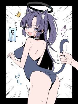 1girl 1other animal_collar black_border black_halo blue_archive blue_bodysuit blush bodysuit border cat_tail collar commentary emphasis_lines fang grabbing_another&#039;s_tail halo highres long_hair mechanical_halo open_mouth purple_eyes purple_hair sabi1234 simple_background speech_bubble sweatdrop tail translated white_background yuuka_(blue_archive)