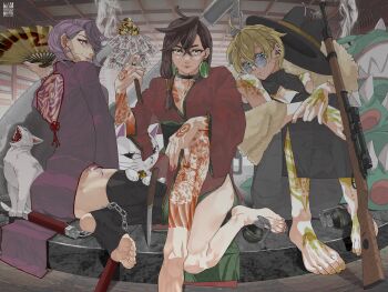 4girls absurdres alien animal ayase_momo back_cutout back_tattoo barefoot bell black_choker black_dress black_hat black_thighhighs blonde_hair blue_eyes breasts brown_hair cat chain chest_tattoo china_dress chinese_clothes choker cleavage closed_mouth clothing_cutout crossed_bangs dandadan dress ear_piercing earrings explosive feet full_body glasses grenade grey_eyes gun hair_between_eyes hand_fan hand_on_own_knee hand_tattoo hashtag-only_commentary hat highres holding holding_fan indoors japanese_clothes jewelry kaiju kimono knees_up leg_tattoo maneki-neko medium_breasts multiple_girls nail_polish nunchaku ofuda pakupaku_keema parted_lips piercing pink_dress pink_eyes pink_hair pink_lips red_kimono red_lips red_nails rifle round_eyewear sash shiratori_aira_(dandadan) short_hair shoulder_tattoo sitting smile sniper_rifle soles stirrup_legwear talisman tattoo thighhighs thighs toeless_legwear toenail_polish toenails toes turbo_granny_(dandadan) unworn_hat unworn_headwear vamola_(dandadan) weapon white_cat yellow_lips yellow_nails