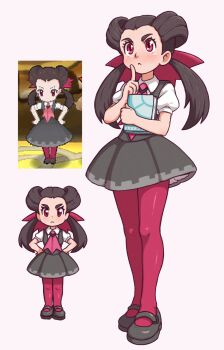 1girl :&lt; absurdres beachepisode black_shoes brown_hair chibi closed_mouth highres index_finger_raised long_hair low_twintails nintendo pantyhose pink_eyes pink_pantyhose pokemon pokemon_oras reference_inset roxanne_(pokemon) shoes short_sleeves solo twintails white_background