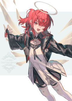 1girl :d arknights black_gloves black_jacket commentary_request cowboy_shot exusiai_(arknights) exusiai_the_new_covenant_(arknights) fingerless_gloves gloves hair_between_eyes hemorina highres jacket long_sleeves looking_at_viewer medium_hair open_clothes open_jacket open_mouth outstretched_arms red_eyes red_hair smile solo spread_arms standing thighhighs watermark white_thighhighs