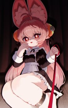 1girl absurdres ahoge alternate_costume animal_ear_fluff animal_ears animal_feet anklet apron black_dress breasts bright_pupils cleavage commentary dress english_commentary enmaided frilled_dress frills furry furry_female heart heart_in_eye highres holding holding_leash jewelry leash long_hair looking_at_viewer maid maid_apron medium_breasts open_mouth pink_fur pink_hair pov rabbit_ears rabbit_girl red_eyes shadow sitting solo symbol_in_eye viewer_on_leash waist_apron white_apron white_pupils yamisroot zenless_zone_zero zhao_(zenless_zone_zero)