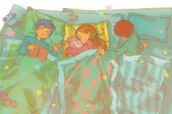 1girl 2boys :o adoptive_siblings aged_down alarm_clock blanket blue_hair book brown_hair child clock closed_eyes futon hashtag-only_commentary head_on_pillow holding holding_book holding_stuffed_toy lying mattress mawaru_penguindrum multiple_boys ogi_(sendi03_) on_back on_side pajamas pillow red_hair scrunchie short_hair sleeping socks star_(symbol) stuffed_animal stuffed_toy takakura_himari takakura_kanba takakura_shouma teddy_bear under_covers white_background