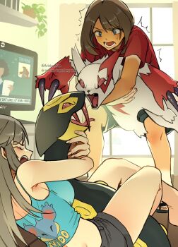 2girls ariekochan black_shorts blue_eyes blue_shirt blue_tank_top breasts brown_hair closed_eyes gen_3_pokemon groudon highres leaf_(pokemon) legendary_pokemon long_hair may_(pokemon) midriff multiple_girls nintendo open_mouth pokemon pokemon_(creature) pokemon_frlg pokemon_rse ralts red_shirt seviper shirt short_hair shorts sleeveless sleeveless_shirt tank_top television zangoose