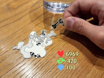 Rule 34 | 1girl, 1other, 69 (meme), bow, commentary, corrupted twitter file, english commentary, glass, hair dryer, highres, hololive, hololive indonesia, jqhnharqld, kureiji ollie, like and retweet, meme, o o, paper child, papercraft (medium), photo (medium), puddle, stitches, unconventional media, virtual youtuber, water, wavy mouth