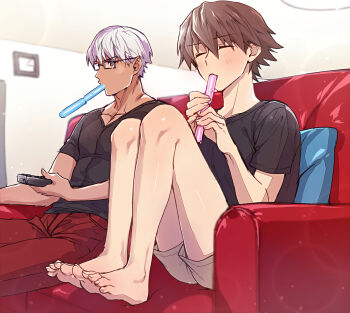 2boys archer_(fate) barefoot black-framed_eyewear black_shirt blush brown_eyes brown_hair clock closed_eyes collarbone commentary_request controller couch dark-skinned_male dark_skin fate/extra fate_(series) full_body glasses grey_shorts hair_between_eyes hands_up holding holding_remote_control indoors kishinami_hakuno_(male) licking looking_to_the_side male_focus multiple_boys muscular muscular_male nutschan24 on_couch pants pillow red_pants remote_control shirt short_hair short_sleeves shorts sitting t-shirt toenails wall_clock white_hair
