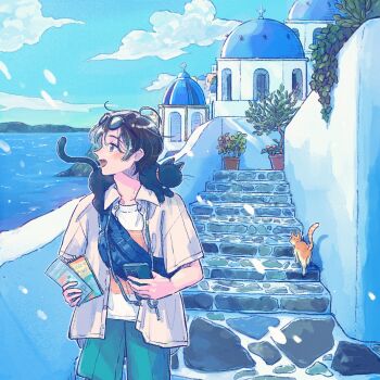 1boy animal animal_on_shoulder black_hair blue_sky blush brochure brown_eyes building cat cat_on_shoulder cellphone cloud commentary_request cowboy_shot day eyewear_on_head fanny_pack greece green_shorts highres holding holding_phone lanyard looking_to_the_side male_focus ocean open_clothes open_mouth open_shirt original outdoors path phone plant port_(portzzz) potted_plant road scenery shirt short_hair shorts sky smartphone smile solo stairs standing stone_stairs stone_walkway sunglasses t-shirt tourist turning_head vacation white_shirt