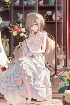 1girl absurdres barefoot breasts brown_hair cleavage closed_mouth commentary_request dress flower frilled_hairband frills full_body green_eyes hair_between_eyes hairband highres holding_vase houkisei long_hair looking_at_viewer medium_breasts momoko_(houkisei) original red_flower sitting sleeveless sleeveless_dress solo very_long_hair white_dress white_flower white_hairband