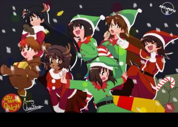 >_< 6+girls :d artist_name artnpepsi azumanga_daiou black_hair breasts brown_hair brown_mittens christmas commentary copyright_name deer_costume english_commentary fake_antlers gift gloves highres holding holding_gift kagura_(azumanga_daioh) kaori_(azumanga_daioh) kasuga_ayumu long_hair merry_christmas mihama_chiyo mittens mizuhara_koyomi multiple_girls open_mouth sakaki_(azumanga_daioh) santa_costume short_hair smile snowing takino_tomo tan white_gloves
