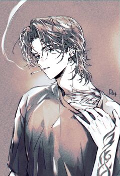 Rule 34 | 1boy, arm tattoo, artist name, character request, cigarette, copyright request, ear piercing, earrings, greyscale, hand on own chest, hand up, highres, jewelry, korean commentary, looking at viewer, male focus, medium hair, monochrome, mouth hold, neck tattoo, piercing, shirt, short sleeves, smoke, smoking, solo, t-shirt, tattoo, to dot , upper body