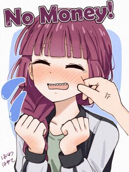1girl 1other anger_vein bocchi_the_rock! braid cheek_pinching closed_eyes crying dress english_text green_dress haniwa_hayate highres hiroi_kikuri jacket open_clothes open_jacket pinching purple_hair simple_background single_braid track_jacket white_background