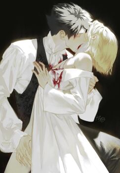 2boys alternate_costume artist_name black_background black_hair blonde_hair blood blood_on_clothes closed_eyes commentary english_commentary haikyuu!! hand_on_another&#039;s_thigh highres kozume_kenma kuroo_tetsurou ky_69 male_focus multiple_boys nipples short_hair simple_background vampire yaoi