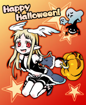 1girl black_shorts black_tank_top blonde_hair blue_cape blue_sleeves breasts cape clothing_cutout commentary_request detached_sleeves full_body fur-trimmed_cape fur-trimmed_sleeves fur_trim ghost halloween happy_halloween holding holding_pumpkin jack-o&#039;-lantern long_hair looking_at_viewer moni open_mouth orange_background pointy_ears pumpkin quve_(ragnarok_online) ragnarok_online red_eyes short_bangs short_shorts shorts small_breasts smile solo stalker_(ragnarok_online) star_(symbol) stomach_cutout tank_top waist_cape whisper_(ragnarok_online)
