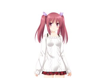 1girl absurdres artist_request black_bra blush bra breasts casual game_cg highres long_hair miniskirt non-web_source oda_nanami off-shoulder_sweater off_shoulder official_art red_eyes red_hair red_skirt resized skirt small_breasts solo sono_hanabira_ni_kuchizuke_wo sweater twintails underwear upscaled white_sweater