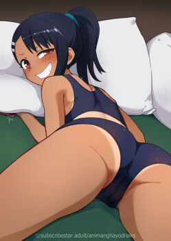 1girl absurdres alternate_hairstyle animanghayo artist_name ass bed black_hair cameltoe clip_studio_paint_(medium) condom from_behind grin half-closed_eye high_ponytail highres ijiranaide_nagatoro-san looking_at_viewer looking_back lying nagatoro_hayase naughty_face on_bed on_stomach paid_reward_available pillow ponytail skin_tight smile solo subscribestar_logo subscribestar_username tan tanline thighs watermark web_address