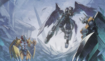 1boy 1girl a-er_(akkij0358) armor bandana_around_arm beelzebumon beelzebumon_blast_mode black_armor black_boots black_jacket black_pants black_shorts black_skin black_thighhighs black_wings blackwargreymon blonde_hair blue_skin boots carrying carrying_person claw_(weapon) colored_skin crossed_legs digimon digimon_(creature) dragon eye_mask feathered_wings gauntlets green_eyes grey_hair group_picture helmet highres hood hooded_jacket jacket mask midair orange_skin pants red_hair sample_watermark short_hair shorts thighhighs wargreymon watermark weapon wings yellow_armor