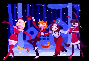 20years 4girls ^_^ admire_vega_(umamusume) alternate_costume animal_ears annoyed bare_shoulders belt belt_buckle black_belt black_border black_pants black_pantyhose black_shoes blazer blonde_hair boots border bow bowtie breasts buckle buttons capelet christmas closed_eyes collared_jacket collared_shirt contrast_lapels crossdressing crossdressing_(ftm) dress dress_pants dress_shirt dress_shoes ears_down elbow_gloves eyelashes fang forest formal_clothes frown full_body fur-trimmed_capelet fur-trimmed_dress fur-trimmed_headwear fur_trim glitter gloves hair_between_eyes hairband hand_on_own_face happy hat hat_over_one_ear high_collar highres holding holding_hands holding_unworn_clothes holding_unworn_hat horse_ears horse_girl horse_tail house indoors jacket lapels large_breasts long_hair looking_at_another low_ponytail medium_hair meisho_doto_(umamusume) mini_hat mini_top_hat multicolored_hair multiple_girls narita_top_road_(umamusume) nature night notched_lapels open_mouth orange_hair outdoors outside_border outstretched_arms pants pantyhose pink_hairband pom_pom_(clothes) ponytail purple_eyes red_boots red_bow red_bowtie red_capelet red_dress red_gloves red_hat red_jacket red_pants santa_hat shirt shoes short_hair sleeve_cuffs smile snowing socks solid_circle_eyes strapless strapless_dress streaked_hair surprised suspenders t.m._opera_o_(umamusume) tail thigh_boots top_hat traditional_bowtie umamusume umamusume:_road_to_the_top unworn_hat unworn_headwear very_long_hair white_shirt white_socks wide-eyed