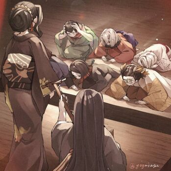 Rule 34 | 3girls, 5boys, artist name, bad id, bad pixiv id, black hair, black jacket, black kimono, demon girl, demon horns, enmu (kimetsu no yaiba), green kimono, horns, instrument, jacket, japanese clothes, kamanue (kimetsu no yaiba), kibutsuji muzan, kibutsuji muzan (female), kimetsu no yaiba, kimono, long hair, mukago (kimetsu no yaiba), multiple boys, multiple girls, music, nakime (kimetsu no yaiba), obi, playing instrument, purple kimono, red kimono, rokuro (kimetsu no yaiba), rui (kimetsu no yaiba), sash, short hair, standing, twitter username, wakuraba (kimetsu no yaiba), white hair, white kimono, wooden floor, yellow kimono, yogukasu