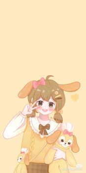 1girl animal_ears animification artist_request commentary_request cookieann dog_girl duffy_and_friends furry furry_female highres humanization looking_at_viewer non-web_source shirt short_twintails smile solo source_request standing stuffed_animal stuffed_toy twintails v