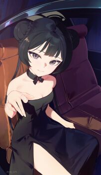 1girl absurdres bare_shoulders black_choker black_dress black_hair blue_archive braid braided_bun breasts car_interior car_seat choker choppy_bangs commentary double_bun dress english_commentary grey_eyes grey_halo hair_bun halo highres kisaki_(blue_archive) light_smile looking_at_viewer outstretched_hand reaching reaching_towards_viewer shade single_bare_leg small_breasts solo strapless strapless_dress zennyxd