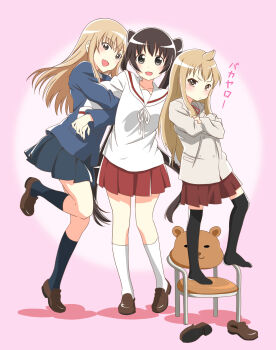 Rule 34 | 3girls, :/, :d, aikousha (ico-sha), arm hug, black eyes, black skirt, blazer, blonde hair, brown eyes, brown footwear, brown hair, chair, collared shirt, crossed arms, eyebrows, full body, girl sandwich, highres, jacket, kneehighs, leg up, loafers, long hair, long sleeves, looking at viewer, mikakunin de shinkoukei, minami-ke, minami chiaki, minami haruka, minami kana, miniskirt, multiple girls, neck ribbon, open mouth, over-kneehighs, parody, pink background, pleated skirt, red ribbon, red skirt, ribbon, sandwiched, school uniform, serafuku, shadow, shirt, shoes, unworn shoes, siblings, sisters, skirt, smile, socks, standing, style parody, thighhighs, translation request, twintails, very long hair, white legwear, white shirt, wing collar