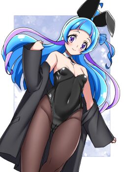 1girl animal_ears aokaze_nana asortofcolorfag black_jacket black_leotard blue_hair blush breasts cameltoe closed_mouth colorized covered_navel fake_animal_ears gluteal_fold highres jacket leotard long_hair looking_at_viewer miyagoe_yoshitsuki multicolored_hair pantyhose playboy_bunny precure purple_eyes rabbit_ears small_breasts smile solo streaked_hair