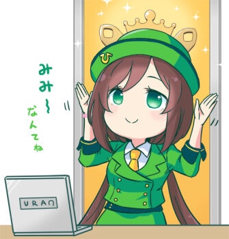 1girl brown_hair c: closed_mouth collared_shirt commentary_request computer green_eyes green_hat green_jacket green_skirt hat hayakawa_tazuna jacket laptop long_hair low_twintails mizuki_maya motion_lines necktie shirt skirt smile solo three-quarter_sleeves translation_request twintails umamusume white_shirt yellow_necktie