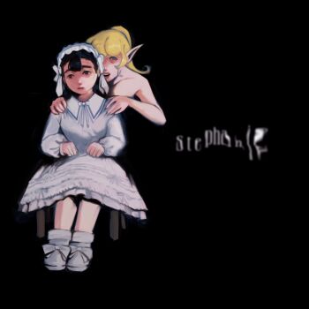 2girls alternate_costume alternate_universe animification black_hair blonde_hair blunt_bangs collared_dress dress hairband highres kim_latchkey lips lolita_fashion lolita_hairband long_sleeves looking_at_viewer moral_orel multiple_girls nid_log pointy_ears ponytail stephanie_foamwire-putty white_dress yuri