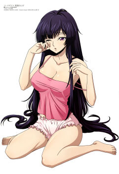 1girl absurdres breasts cleavage code_geass code_geass:_dakkan_no_roze hair_spread_out highres large_breasts long_hair magazine_scan megami_magazine official_art one_eye_closed open_mouth pajamas pink_pajamas purple_eyes purple_hair scan simple_background sitting spaghetti_strap strap_slip sumeragi_sakuya thighs very_long_hair wariza white_background