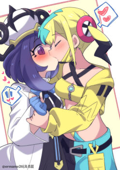 ! !! 2girls black_hair black_pants blonde_hair blue_hair blue_pants blush canari_(pokemon) coat cropped_sweater eromame gloves gwynn_(pokemon) hair_ornament heart highres kiss lab_coat mask mouth_mask multicolored_hair multiple_girls nintendo pants partially_fingerless_gloves pokemon pokemon_legends:_z-a purple_eyes purple_hair shirt_under_dress short_hair spoken_heart sweater twitter_username two-tone_pants white_coat yellow_mask yellow_sweater yuri