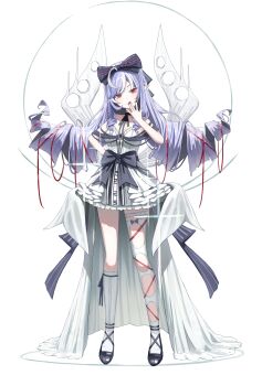 1girl absurdres achib alternate_costume bare_shoulders black_bow black_shoes blush bow breasts closed_mouth collarbone commentary_request dress drill_hair finger_to_mouth fingernails full_body hair_bow hand_up highres kneehighs long_hair looking_at_viewer medium_breasts multicolored_nails nail_polish pointy_ears purple_hair purple_nails red_eyes red_nails shoes simple_background single_kneehigh single_sock single_thighhigh socks solo standing strapless strapless_dress thigh_strap thighhighs very_long_hair vivian_banshee white_background white_dress white_socks white_thighhighs zenless_zone_zero