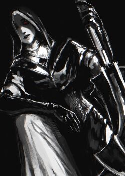 Rule 34 | 1girl, absurdres, black background, black bodice, black capelet, black hood, bloodexer, capelet, dutch angle, elden ring, elden ring nightreign, flanged mace, hand on own knee, highres, holding, holding mace, holding weapon, mace, nun, on one knee, one eye in shadow, signature, solo, spot color, undertaker (elden ring), weapon, white coif