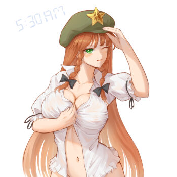 1girl absurdres beret blush braid breasts cleavage collarbone commentary edz_drawz english_commentary green_eyes green_hat hat hat_ornament highres hong_meiling large_breasts long_hair looking_at_viewer navel one_eye_closed puffy_short_sleeves puffy_sleeves red_hair see-through_clothes see-through_shirt shirt short_sleeves simple_background solo star_(symbol) star_hat_ornament touhou twin_braids very_long_hair white_background