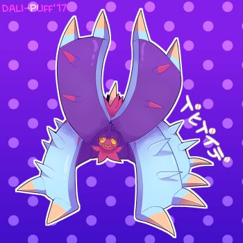 Rule 34 | artist name, blue eyes, colored sclera, dali-puff, fangs, gen 7 pokemon, gradient background, highres, looking at viewer, nintendo, pokemon, pokemon (creature), polka dot, polka dot background, purple background, solo, spikes, toxapex, translation request, yellow sclera
