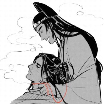 2boys alt_text black_hair braid chinese_clothes closed_eyes closed_mouth cloud commentary dimple english_commentary facial_hair from_side frown greyscale halftone hanfu hat hawberries high_ponytail jin_(headwear) jin_guangyao lap_pillow layered_clothes long_hair long_sleeves male_focus modao_zushi monochrome multiple_boys mustache nie_mingjue open_mouth ponytail side_braid simple_background sketch smile spot_color string string_around_neck string_of_fate tang_jin_(headwear) upper_body very_long_hair white_background wide_sleeves yaoi