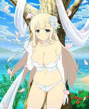 1girl aqua_bow aqua_eyes armpit_crease bare_shoulders beach blonde_hair blue_sky blush bow bow_panties bra breasts bridal_lingerie cleavage closed_mouth cloud cloudy_sky day detached_collar elbow_gloves flower gem gloves gluteal_fold hair_between_eyes hair_ornament hairclip hibiscus jewelry lace lace-trimmed_panties lace_collar lace_trim large_breasts leaf lingerie long_hair looking_at_viewer mountain mountainous_horizon navel non-web_source ocean official_art outdoors panties pendant pink_flower plant revealing_clothes rose sand senran_kagura senran_kagura_new_wave senran_kagura_shoujo-tachi_no_shin&#039;ei shiny_skin sidelocks sky smile solo sparkle thighhighs tree underwear water wet wet_clothes wet_gloves white_bow white_bra white_flower white_gemstone white_gloves white_panties white_rose white_thighhighs yomi_(senran_kagura)