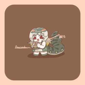 1girl anaconda_(kemono_friends) blonde_hair burger character_name chibi chibi_only drooling food full_body green_hair grey_hair hamanekoko holding holding_burger holding_food kemono_friends kemono_friends_3 long_tail looking_at_food looking_at_object mouth_drool multicolored_hair open_mouth red_eyes red_hair skirt slit_pupils snake_tail solo standing tail vest