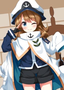 1girl ;) black_gloves black_shorts blue_eyes blue_shirt blush bottle brown_hair closed_mouth coat commentary_request cowboy_shot fingerless_gloves gloves hand_up hat highres kouzui_nua long_hair one_eye_closed ruu_(tksymkw) sailor_hat salute shirt shorts sleeves_past_fingers sleeves_past_wrists smile solo touhou white_coat white_hat wonderful_waking_world