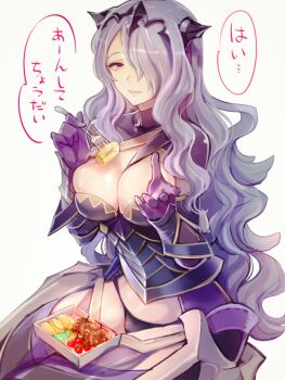 1girl bento between_breasts breasts camilla_(fire_emblem) cleavage feeding fire_emblem fire_emblem_fates fork hair_over_one_eye large_breasts long_hair looking_at_viewer miyuki_ruria nintendo omelet one_eye_covered pov purple_eyes purple_hair simple_background sitting skindentation speech_bubble strap_between_breasts takumi_(fire_emblem) tamagoyaki tiara wavy_hair